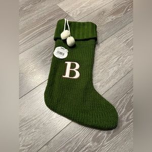 Large “B” Knit monogram Christmas stocking in green.